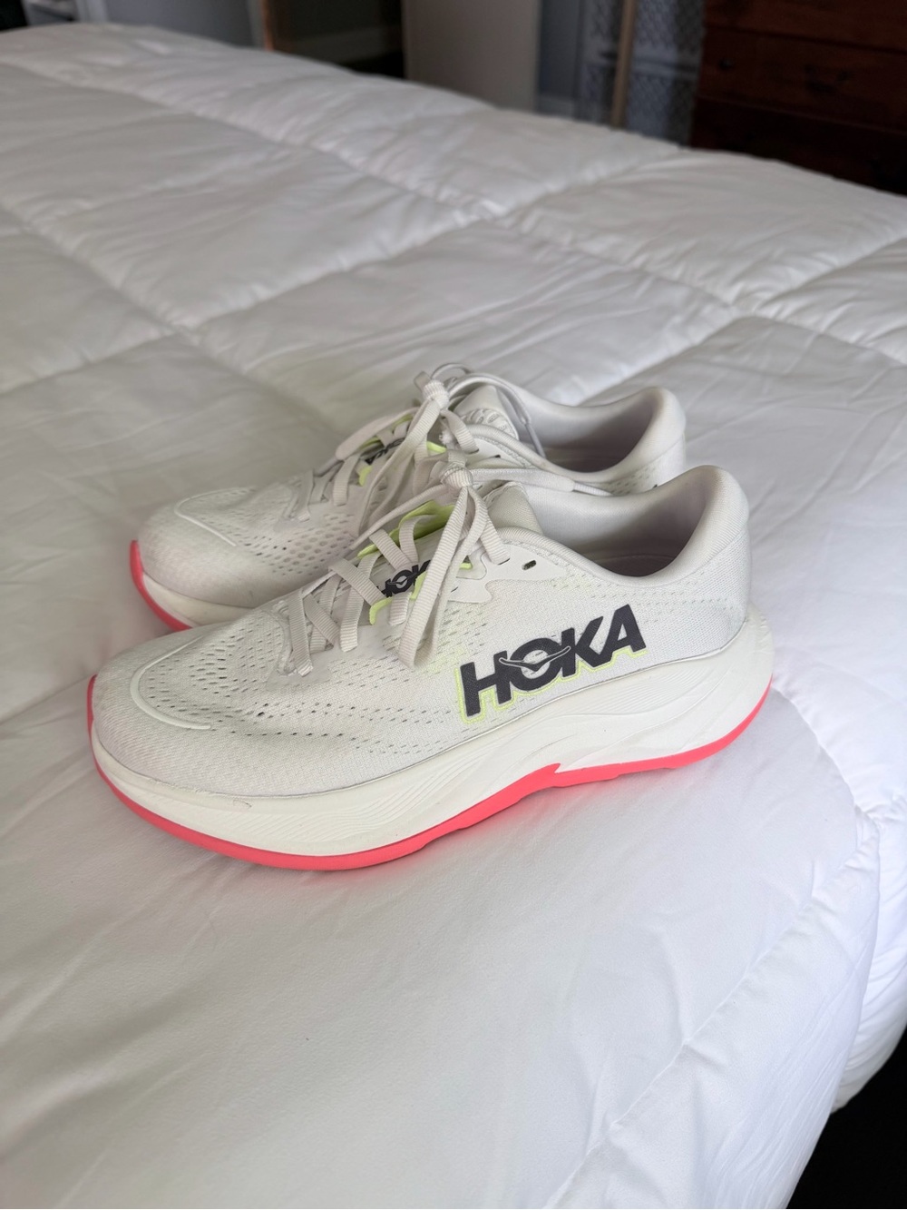 Hoka White Running Shoes with Pink Outsole and Lime Accent